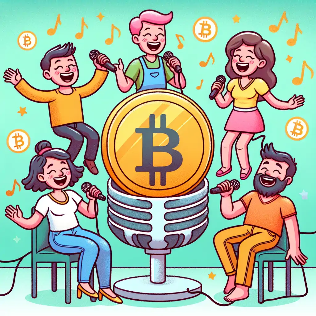 A humorous illustration of a crypto-themed karaoke night with people singing into a Bitcoin-shaped microphone.