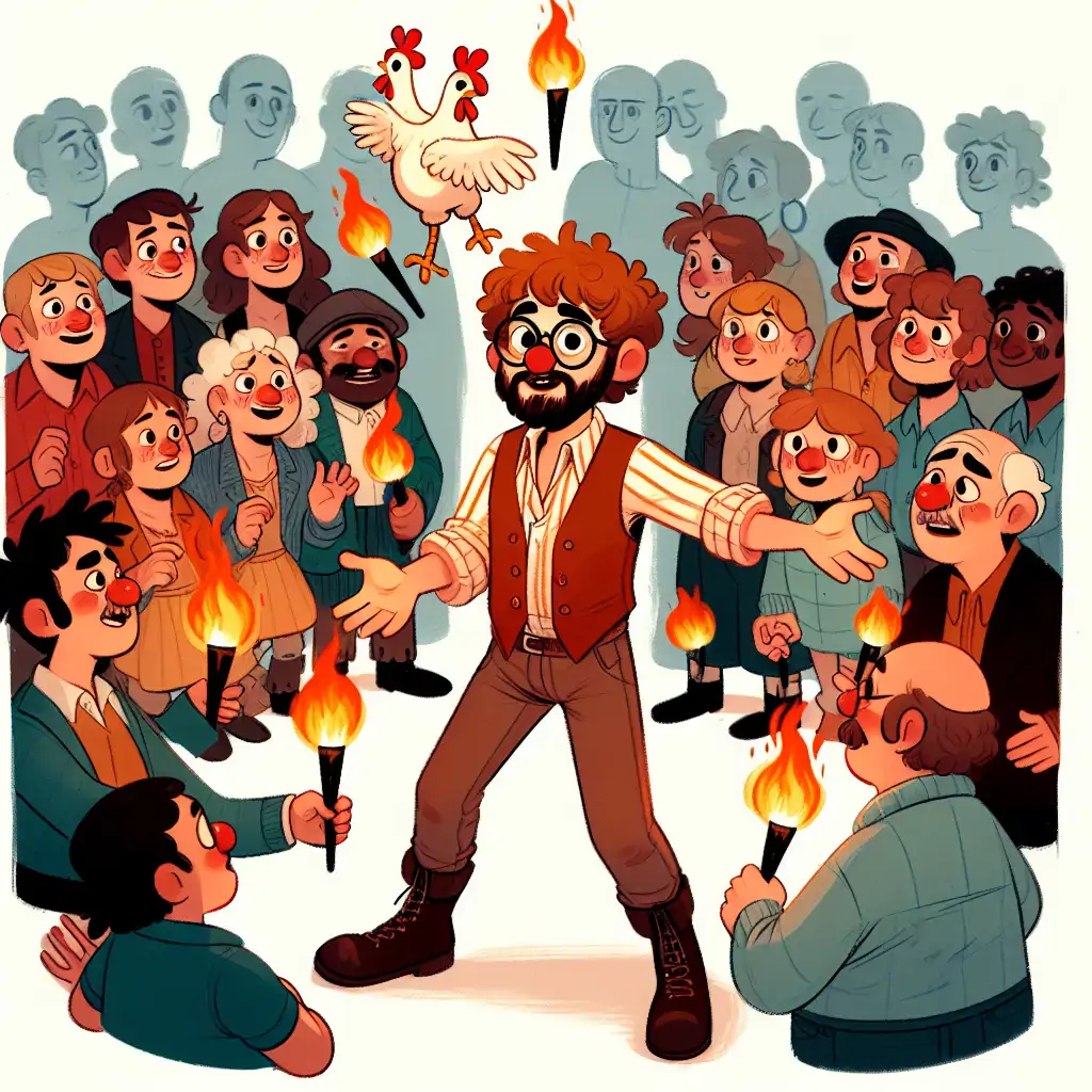 A lively depiction of Jasper juggling flaming torches and rubber chickens amidst a captivated audience.