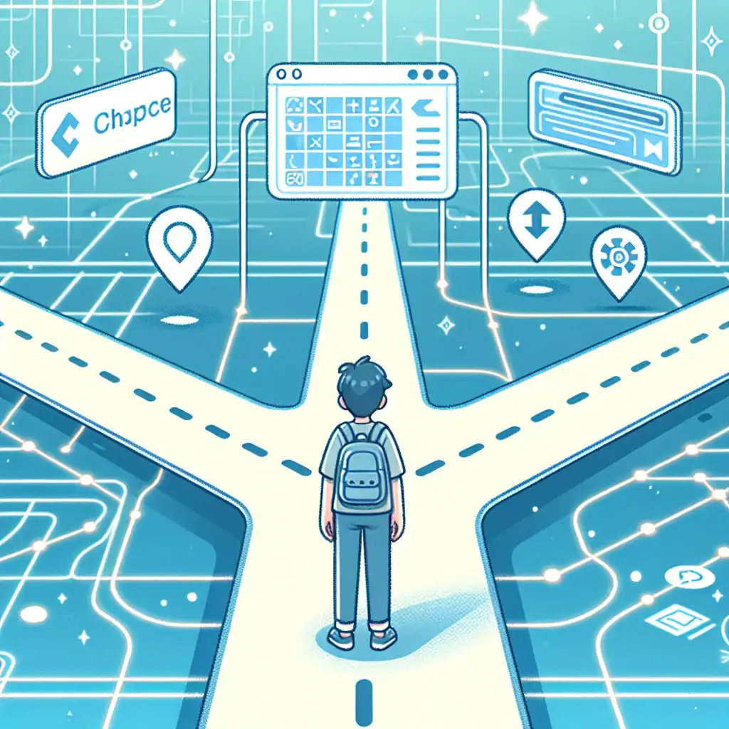 A person standing at a crossroads with a futuristic digital map