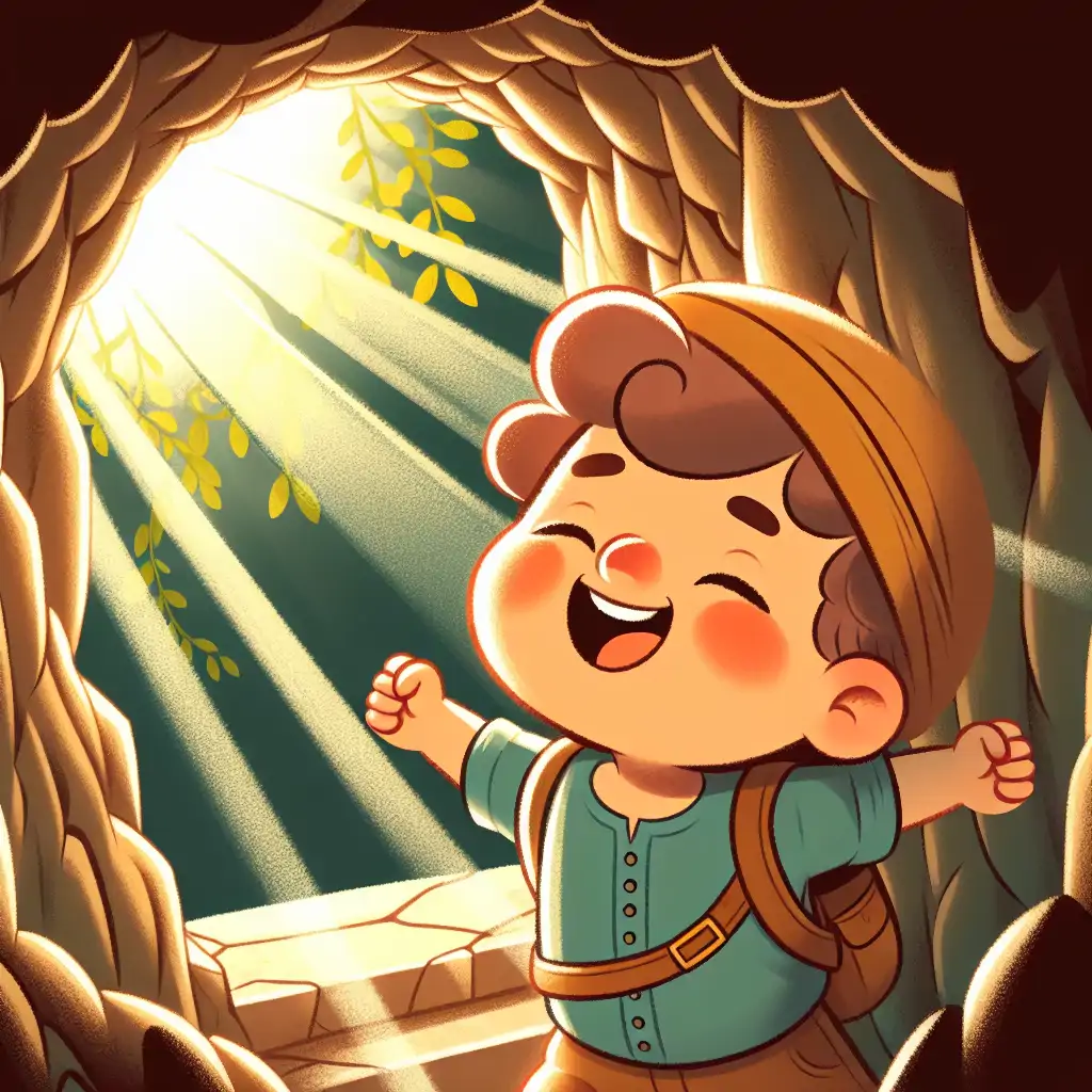 An explorer emerging from a limestone cave, smiling as sunlight hits