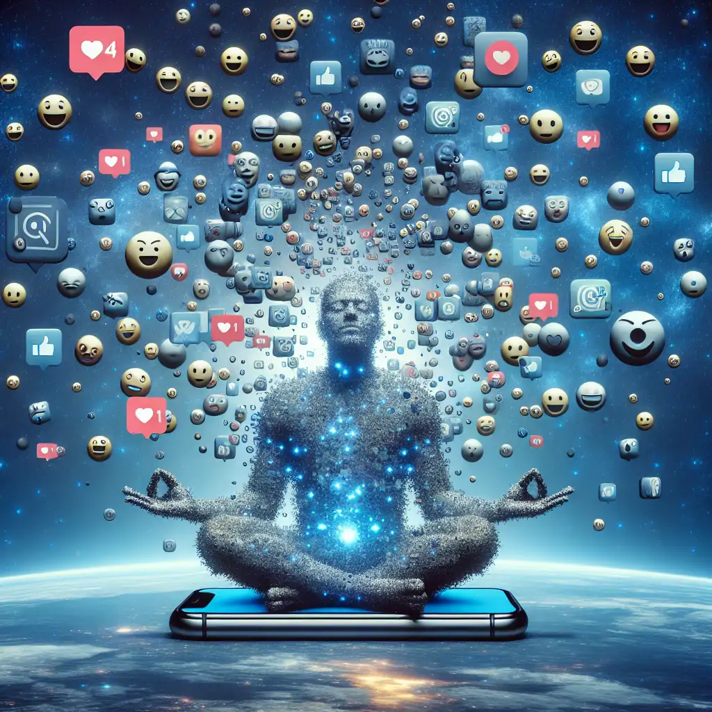 An image of a person with a phone in front of their face meditating peacefully, surrounded by flying emojis and notification icons.