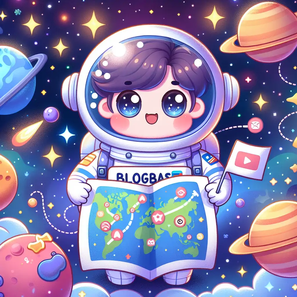 A person exploring outer space with a map titled 'BlogBase'