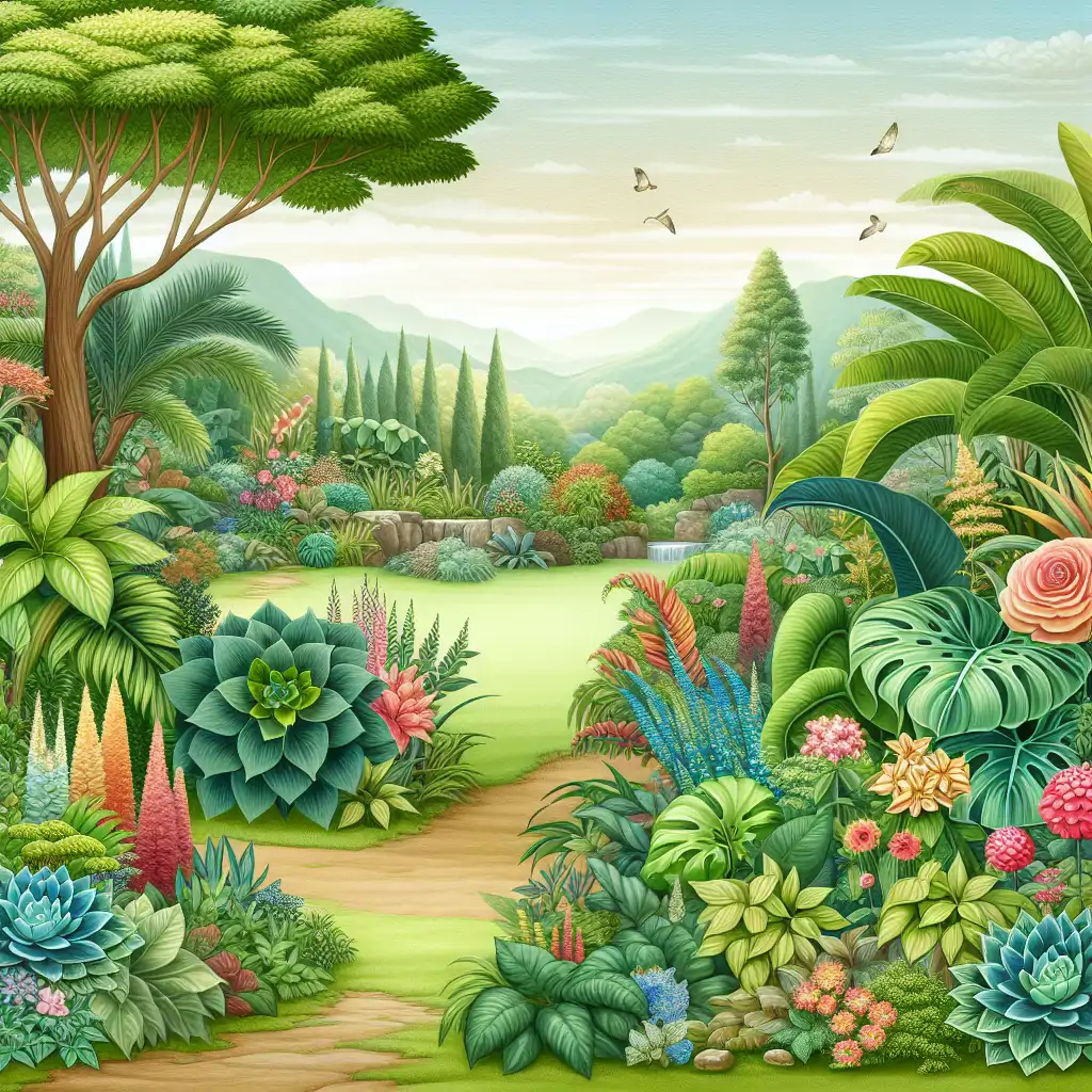 A beautiful image of a lush garden transformed with a variety of large, dramatic foliage creating a paradise-like atmosphere.