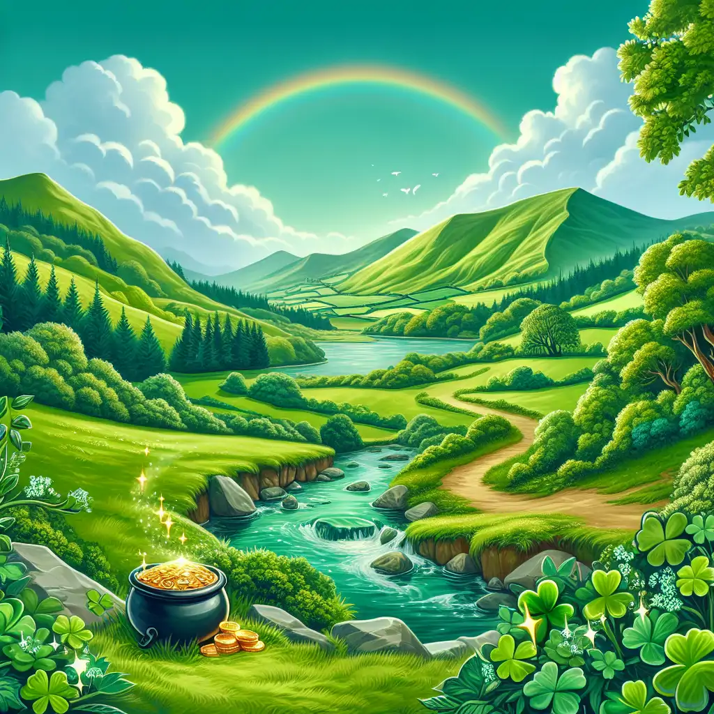 An image depicting a hidden pot of gold surrounded by lush Irish landscape.