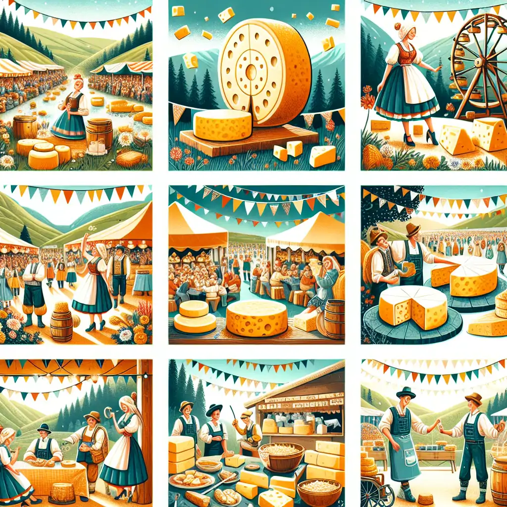 Images of diverse cheese festivals and traditions, highlighting the vibrant cultural expressions and community involvement in each event.