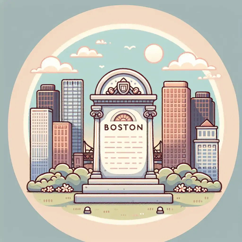 A memorial plaque with the names of flood victims, set against the backdrop of modern Boston.