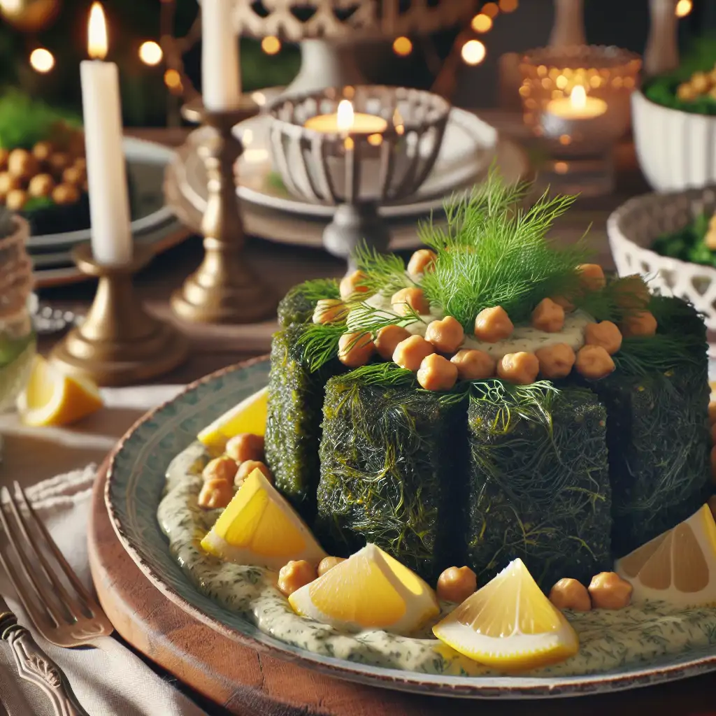 A beautifully set table adorned with vegan seaweed and chickpea cakes, accompanied by lemon-dill sauce and rustic Viking decor.
