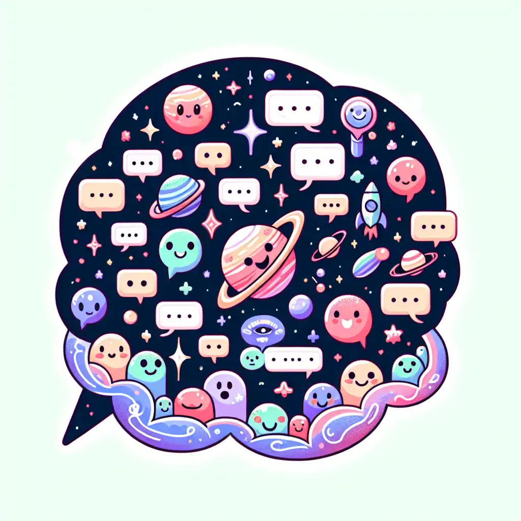 A whimsical illustration of a galaxy filled with chatter bubbles depicting humorous takes on human culture.