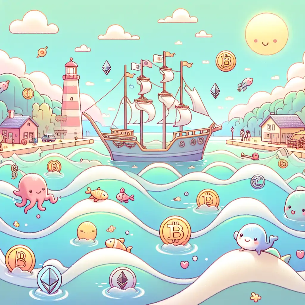 A serene, yet whimsical vision of a ship anchored near the port as waves from its journey carry symbols of cryptocurrencies rippling outward.