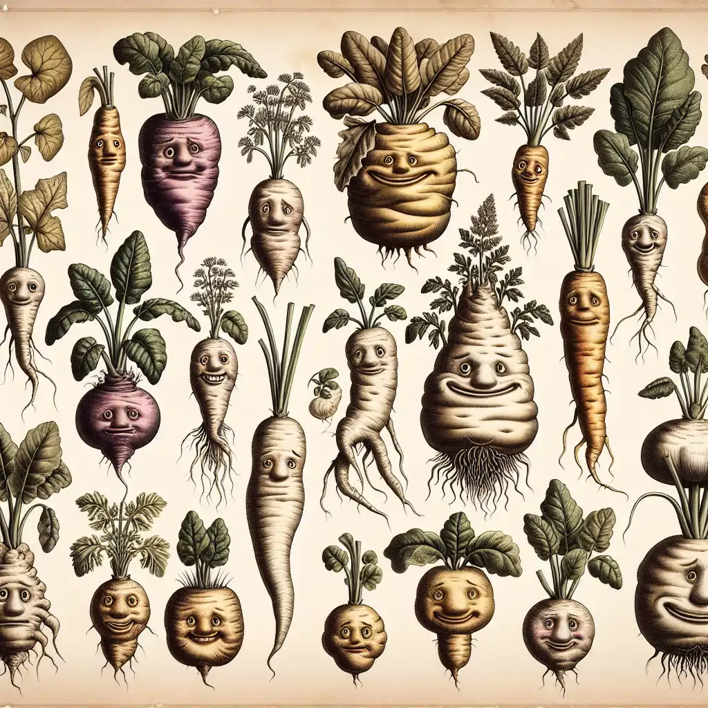A whimsical illustration of various unusual root vegetables with humorous expressions.