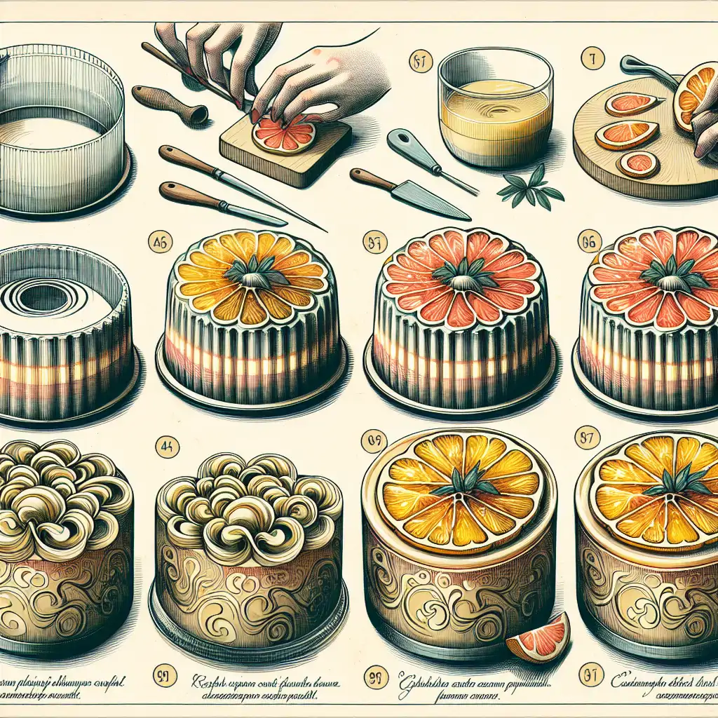 A step-by-step visual guide showing gelatin cake preparation, layering, swirling techniques, and final garnishing with citrus slices.