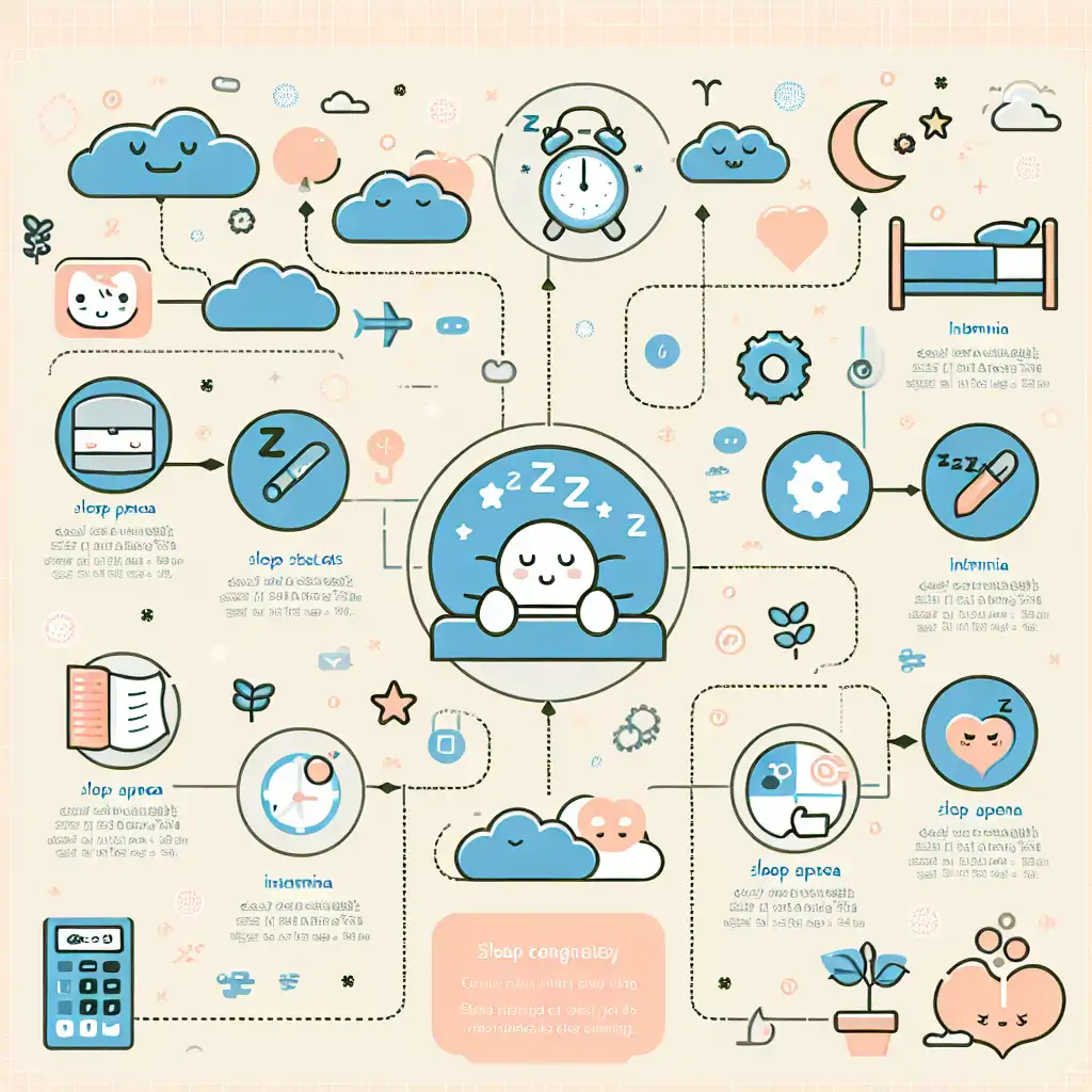 An infographic showing different sleep stages along with icons representing insomnia, sleep apnea, and other disorders.