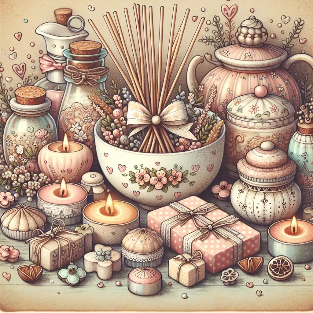 Various DIY air fresheners displayed on a table, including potpourri, scented candles, and a reed diffuser.