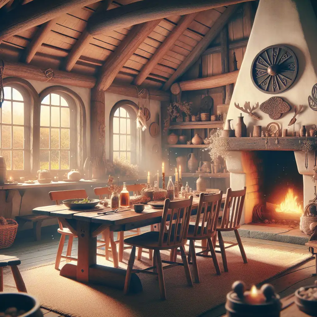 A rustic Viking eating area with a fireplace, setting a homely and historic atmosphere.