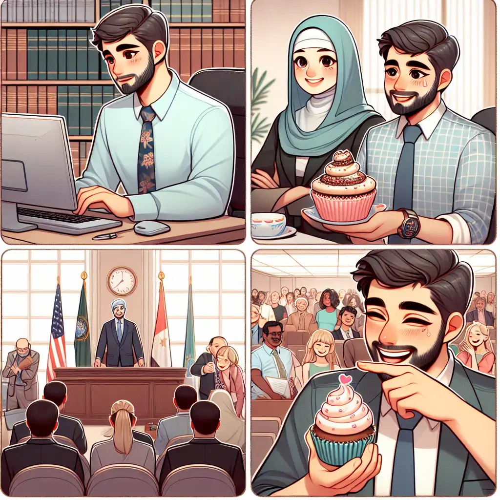 A collage showing a forensic psychologist at a computer, in a courtroom, and having a cupcake.