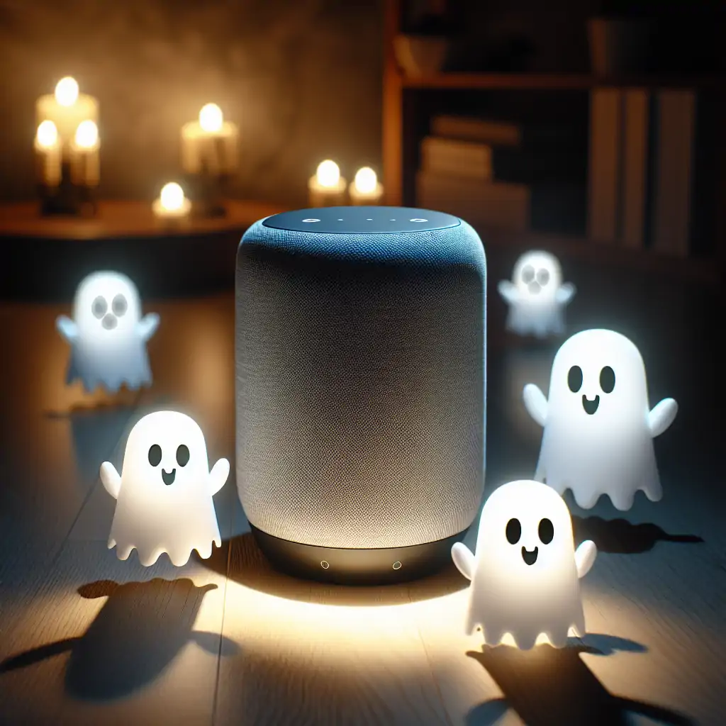 A smart speaker in a dimly lit room with ghostly figures around it.