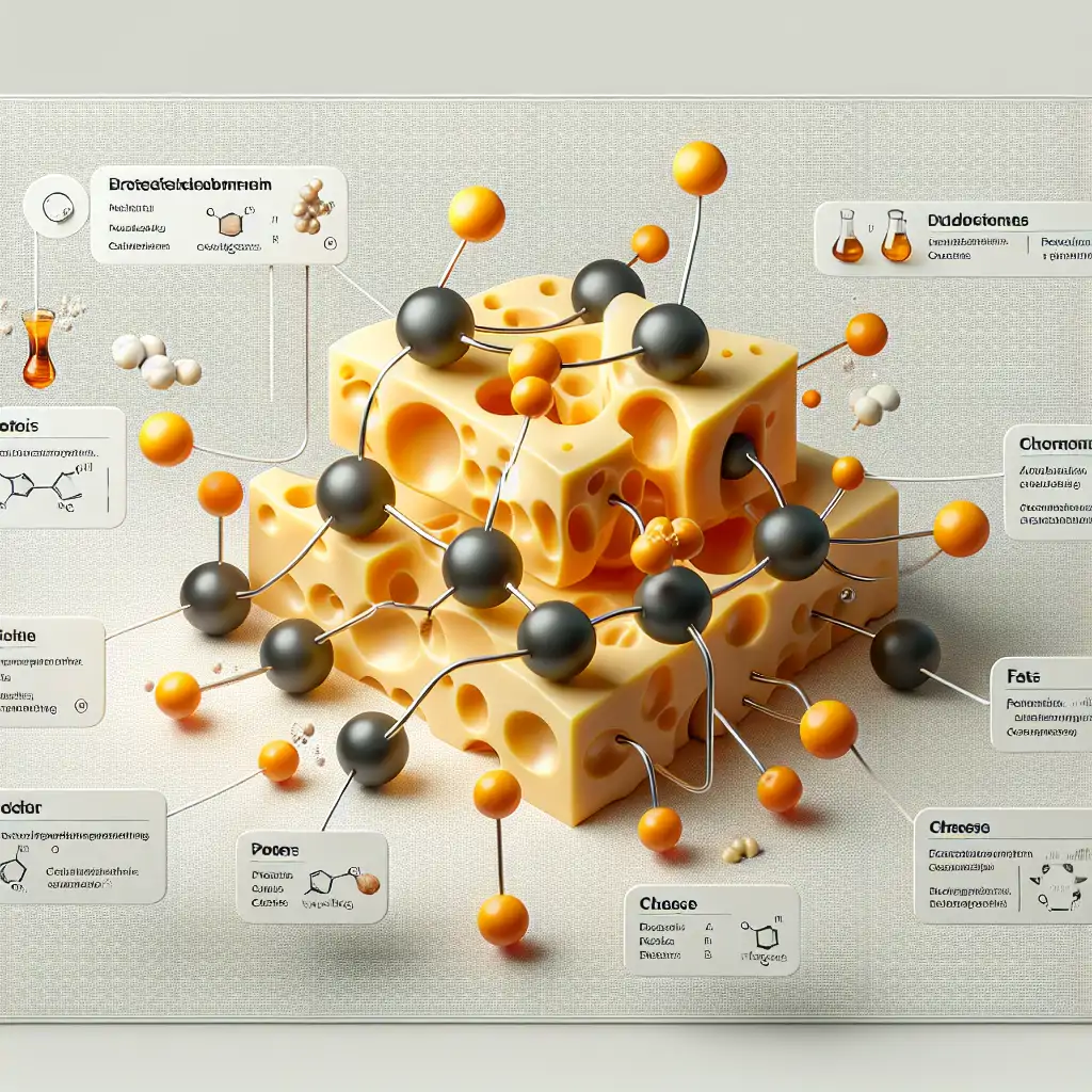 A detailed infographic showing the molecular structure of cheese and how proteins and fats behave when heated, with labels pointing out key components.