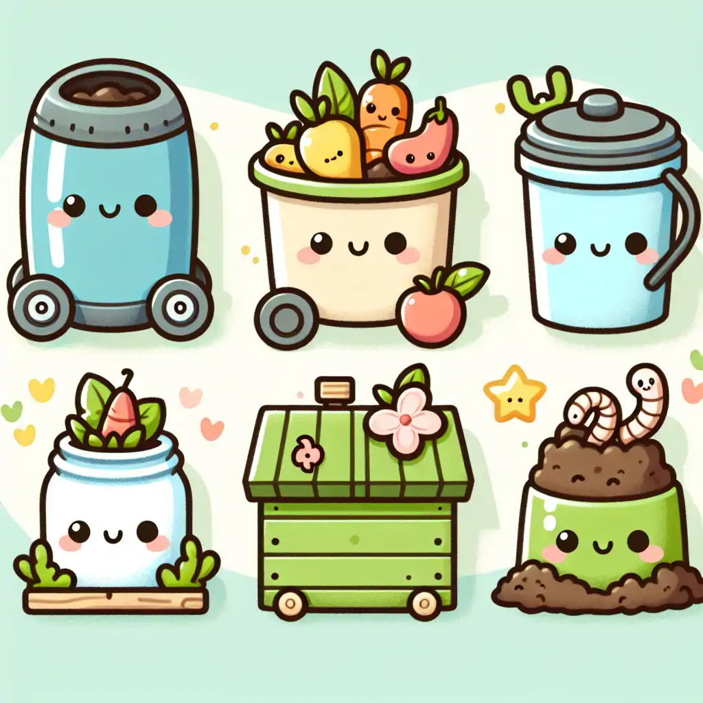 An array of composting bins, including a tumbler, a traditional heap, and a vermicomposting setup with worms.