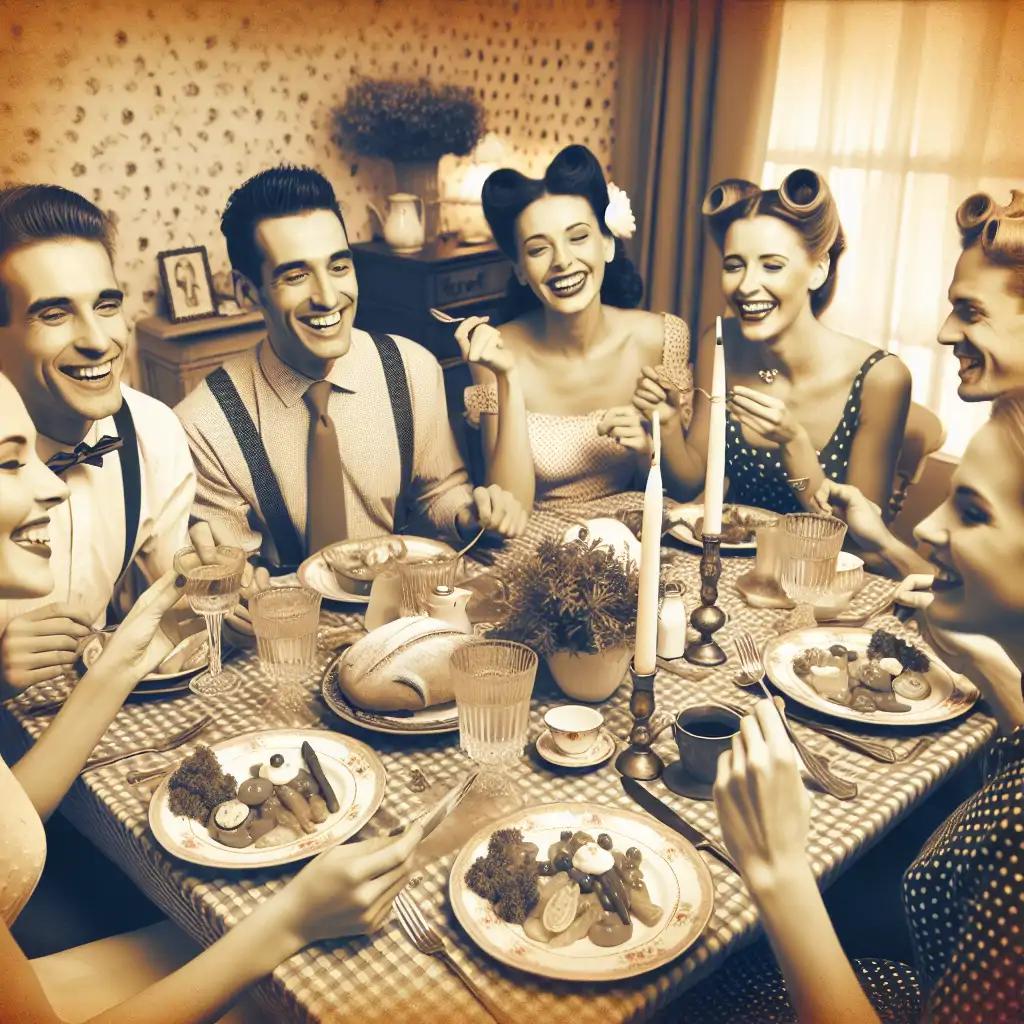 A cheerful dinner gathering with friends enjoying retro-style dishes.