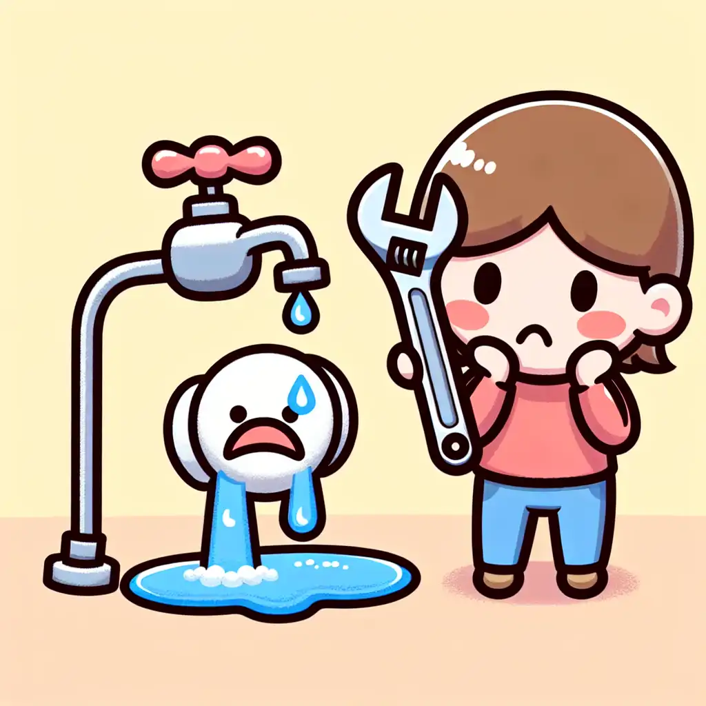 A cartoon-style image of a dripping faucet with a frustrated homeowner holding a wrench.