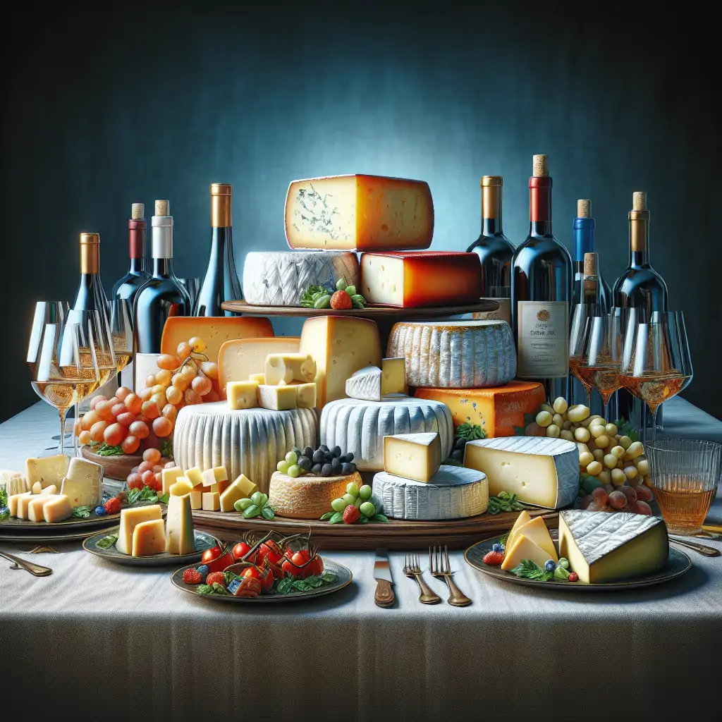 A beautifully set table with an array of cheeses and wines, inviting and ready for a tasting adventure.