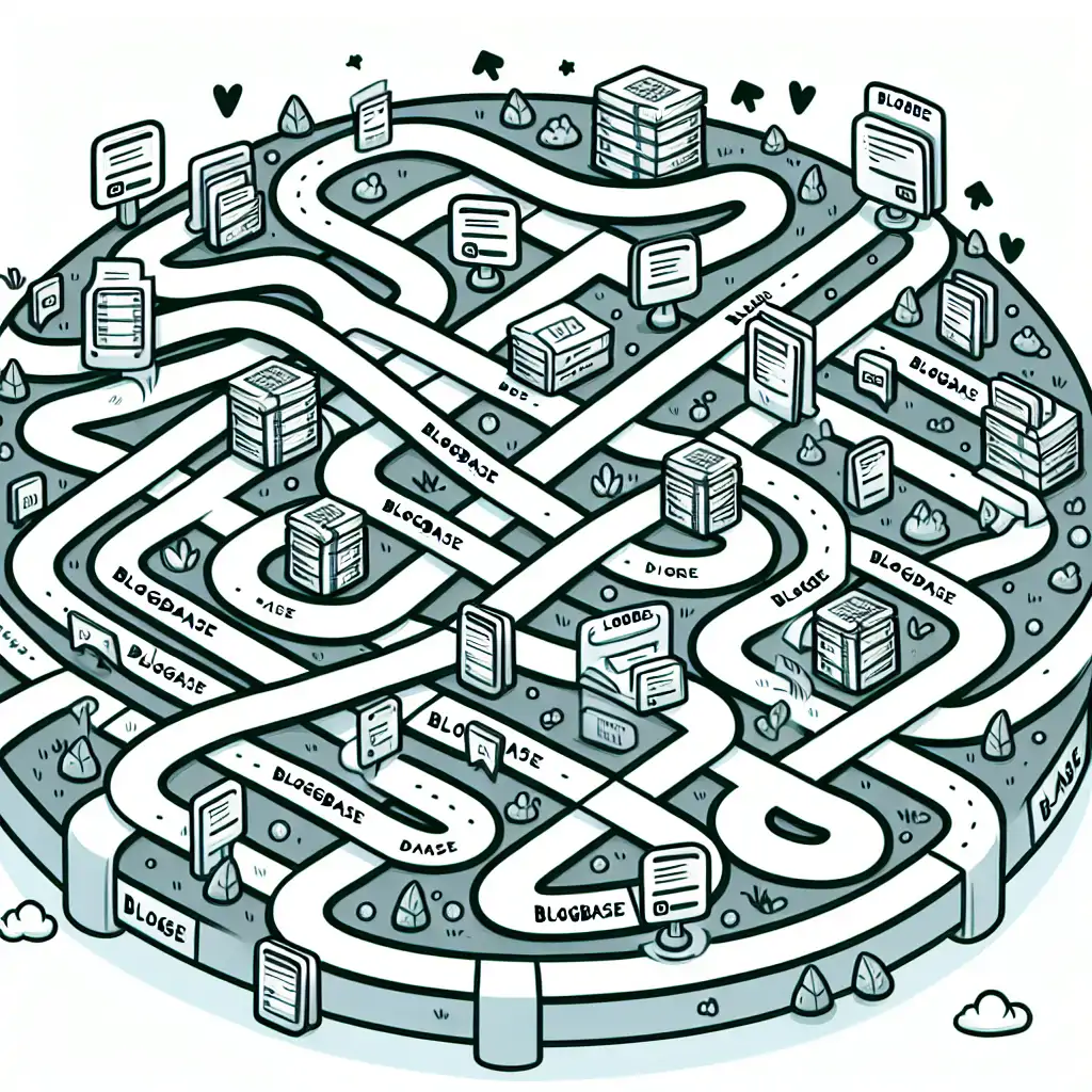 Cartoon depiction of a digital map showing various pathways leading to different BlogBase directories.
