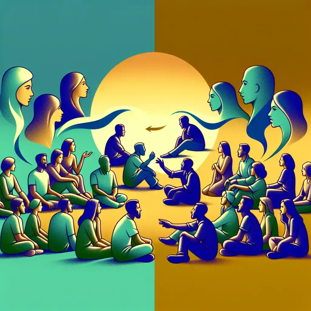 A vibrant image of people united in conversation, symbolizing the transformation from silent suffering to empowered communication.