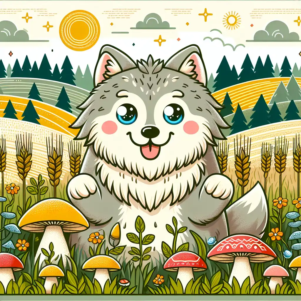 An illustration of Fenrir, the giant wolf, surrounded by wild mushrooms and barley fields under a Norse landscape.