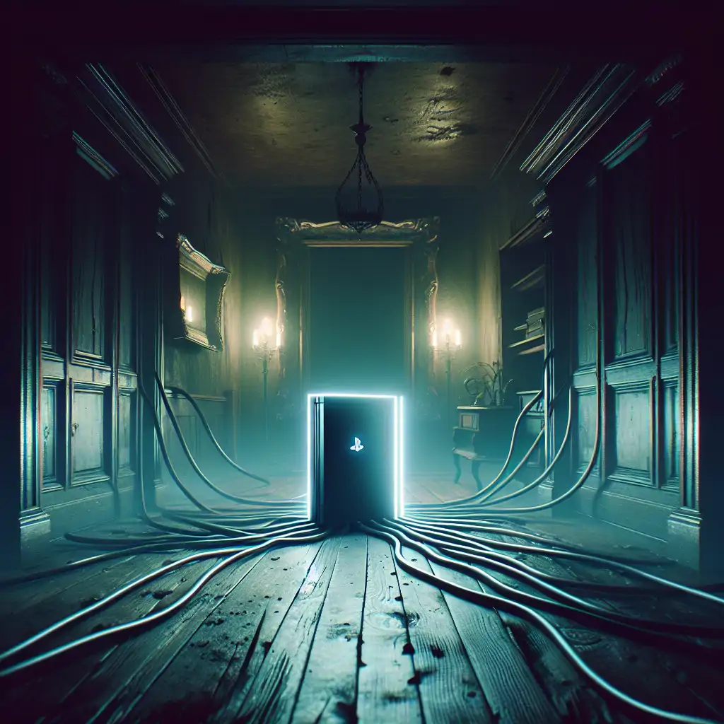 A spooky, dimly lit room with a mysteriously glowing gaming console and controllers seemingly moving on their own.