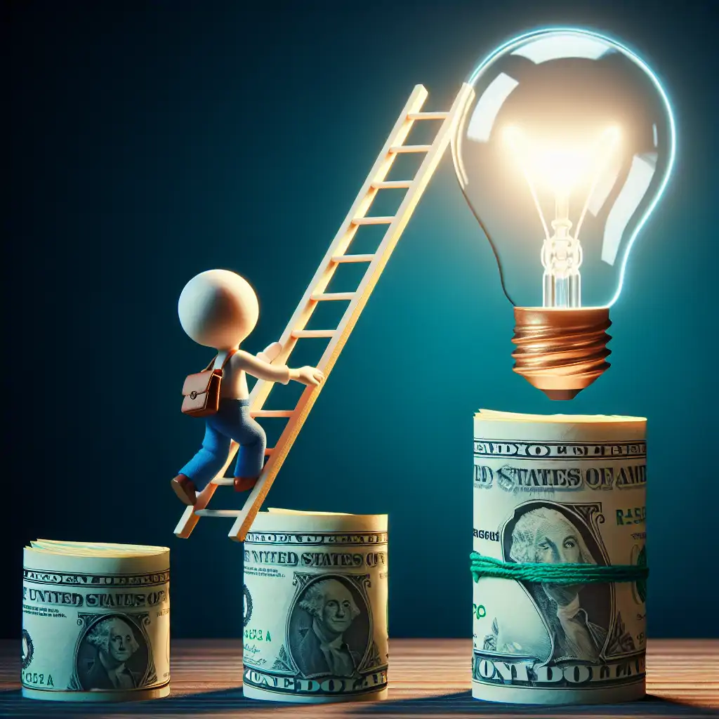 An image of a person climbing a ladder made of dollar bills towards a lightbulb, symbolizing growth and innovation.