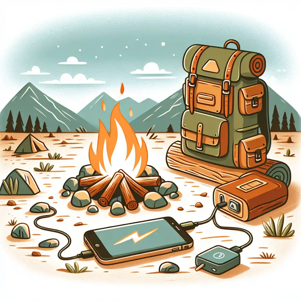 Campfire scene with backpack and a smartphone charging nearby