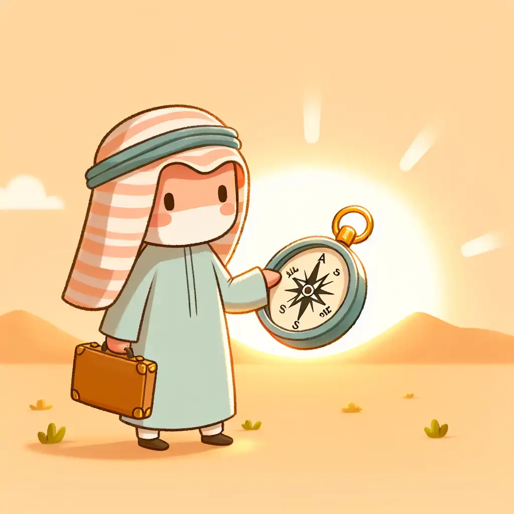 An adventurer holding a compass with a sunlit horizon ahead, symbolizing new journeys.