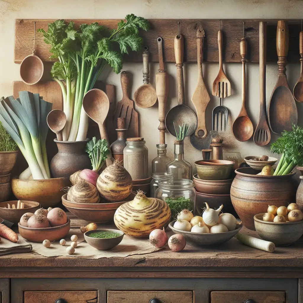 A rustic kitchen setting with ingredients like rutabaga, herbs, and leeks laid out.
