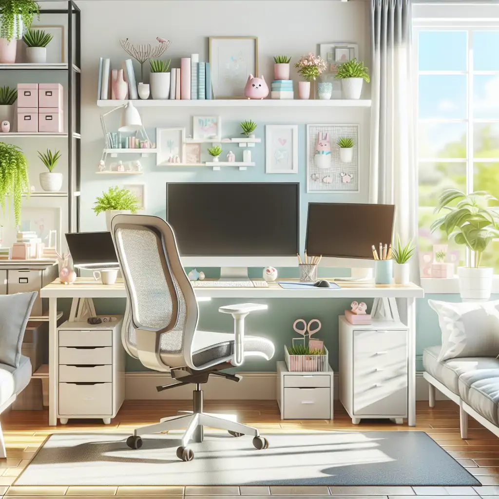 A bright home office with ergonomic chair, large desk, and organized technology setup.