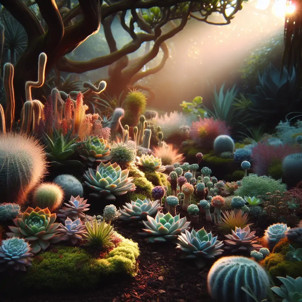 A serene garden scene with various rare succulents under soft lighting