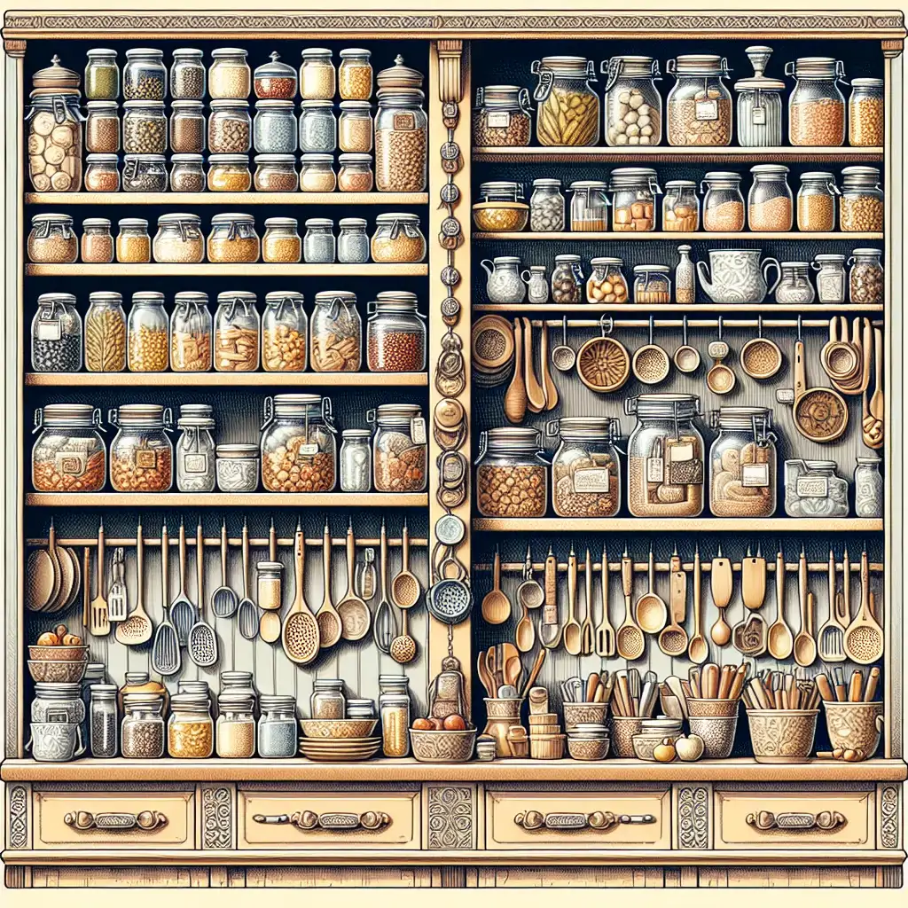 A well-organized kitchen with labeled jars, shelves, and hanging utensils.