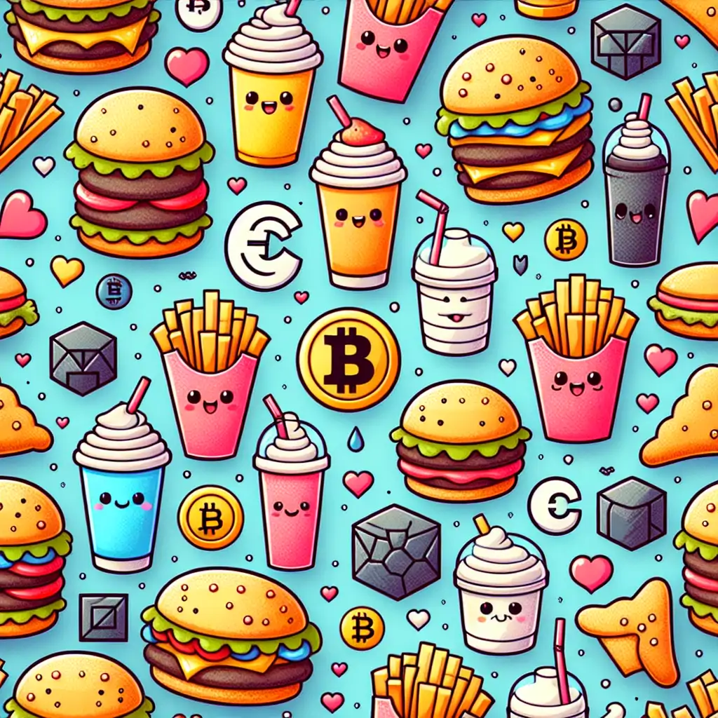 A humorous collage of various fast-food items adorned with cryptocurrency symbols.