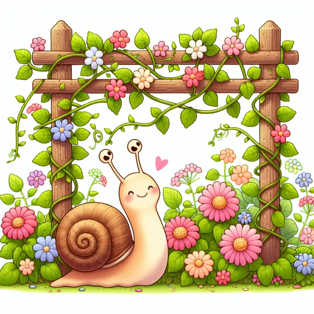 A lively image of a Snail Vine twisted around a garden trellis with blooming flowers.
