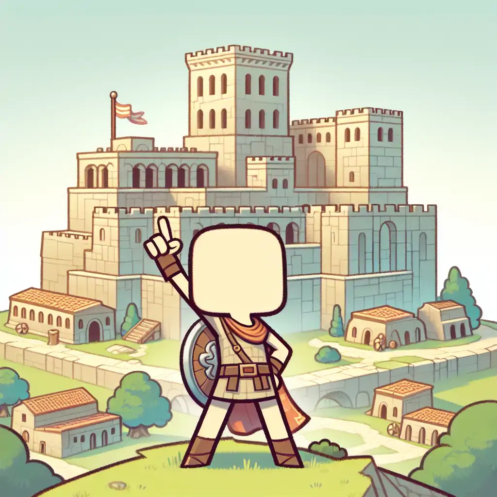 A triumphant leader looking over an ancient city, symbolizing victory