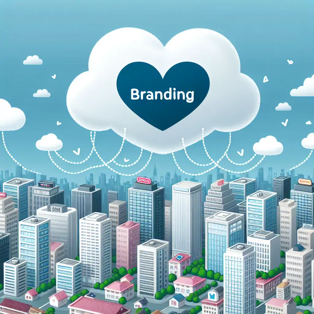 A heart-shaped cloud above a bustling city, symbolizing emotional connection through branding.