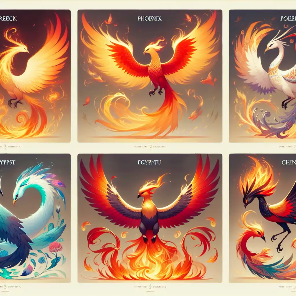 A series of images depicting various cultural interpretations of the Phoenix across Greek, Egyptian, and Chinese mythologies.