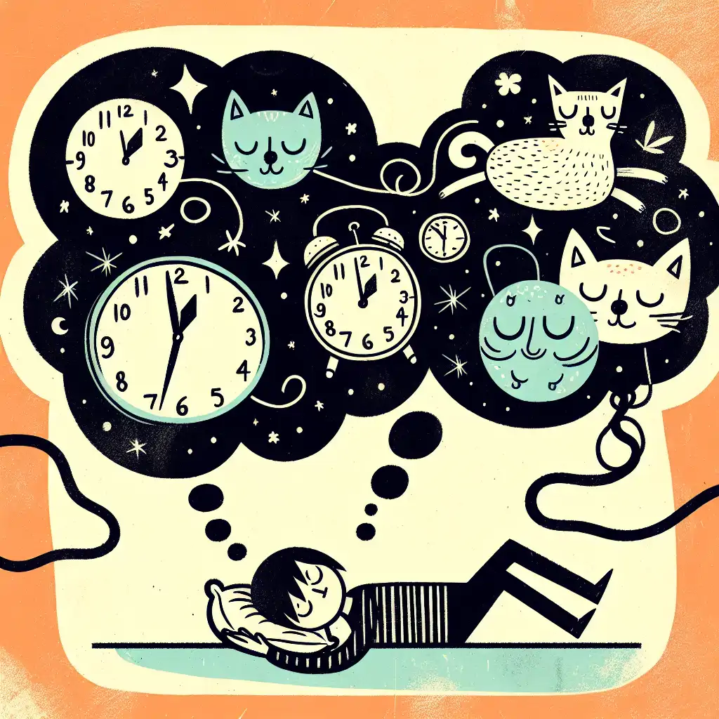 A whimsical illustration of a person peacefully sleeping with whimsical dream bubbles filled with random images like flying cats and giant clocks.