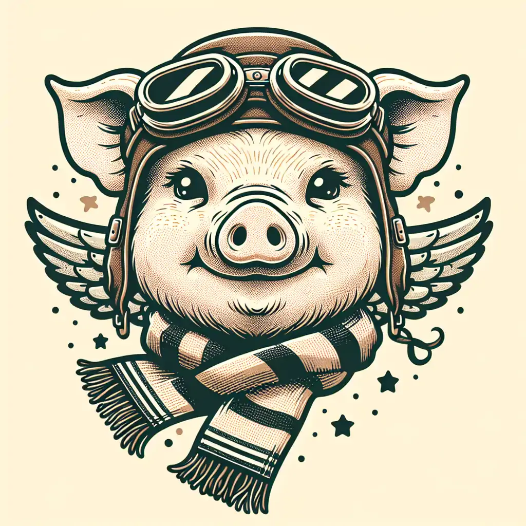 A whimsical vintage illustration of a pig wearing aviator goggles and a scarf.