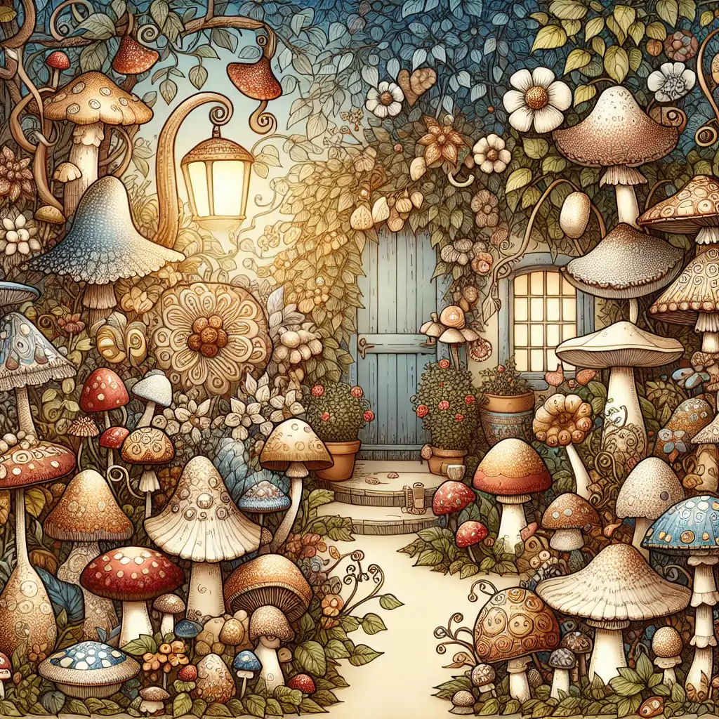 A garden filled with various decorative and real mushrooms, creating a magical atmosphere.