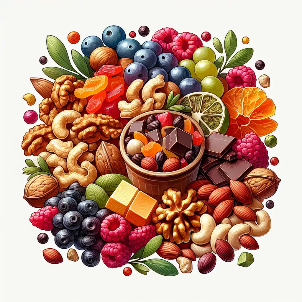 A vibrant and colorful assortment of trail mix ingredients, including nuts, dried fruits, and chocolate pieces.
