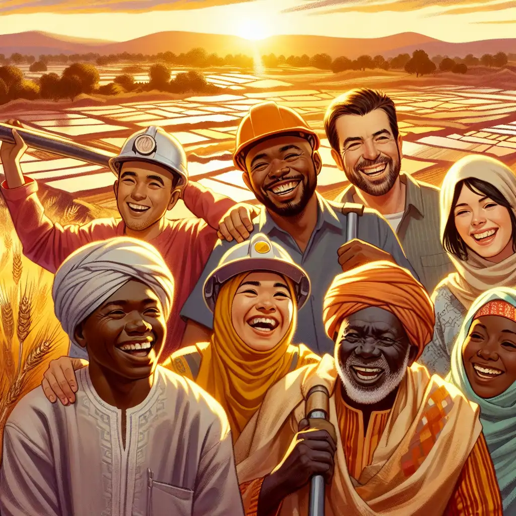 A group of geologists and local miners sharing a hearty laugh, with the backdrop of a beautiful Malian sunset over the goldfields.