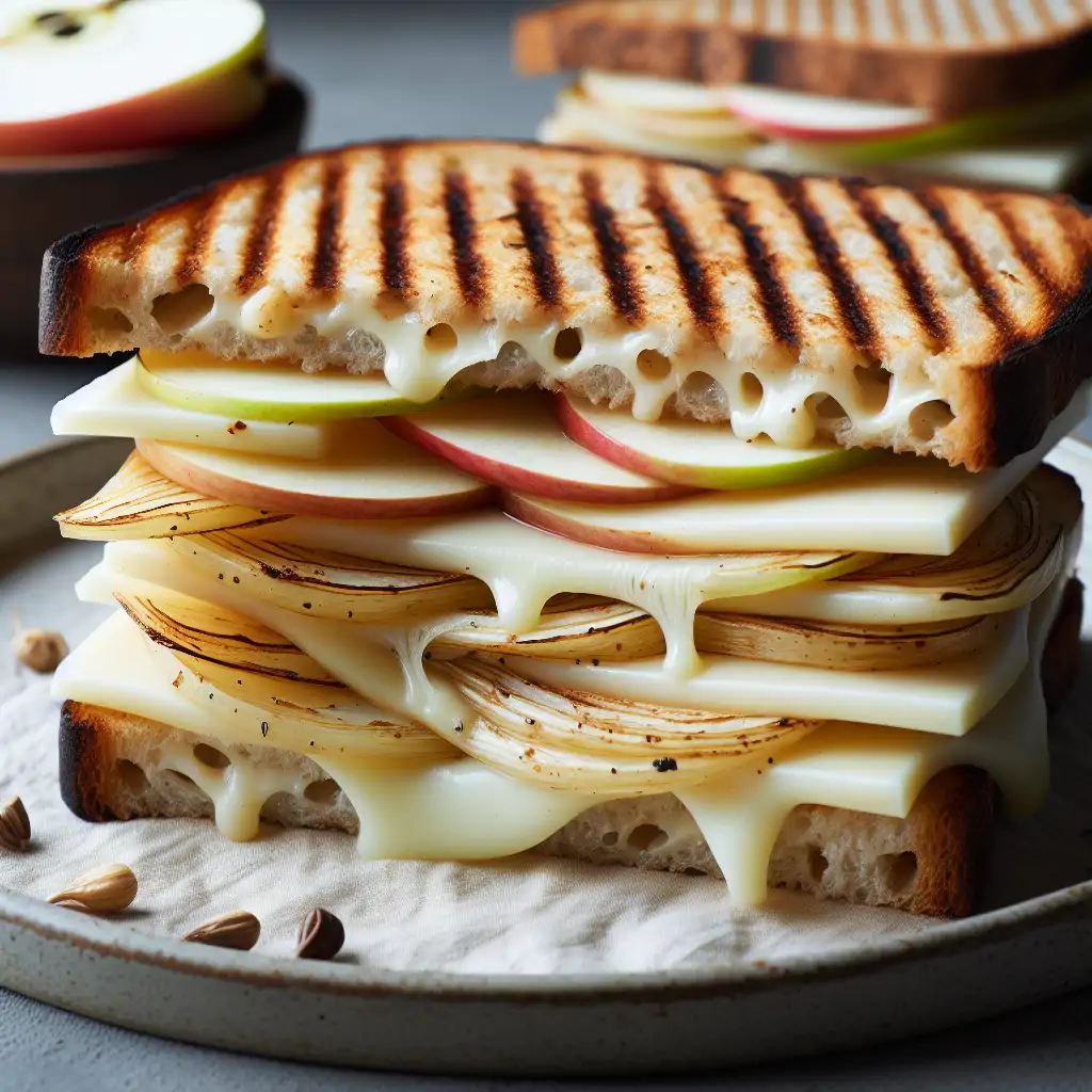 Close-up shot of layers in a vegan toasted sandwich, showcasing gooey cheese, apple slices, and roasted celeriac.