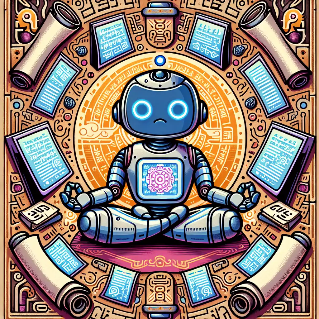 An artistic representation of an AI robot meditating with ancient scrolls and digital screens.