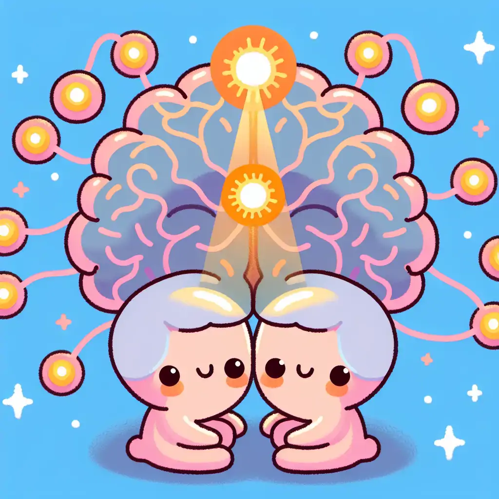 Illustration of mirror neurons lighting up in the brain, symbolizing empathy's neurological basis.