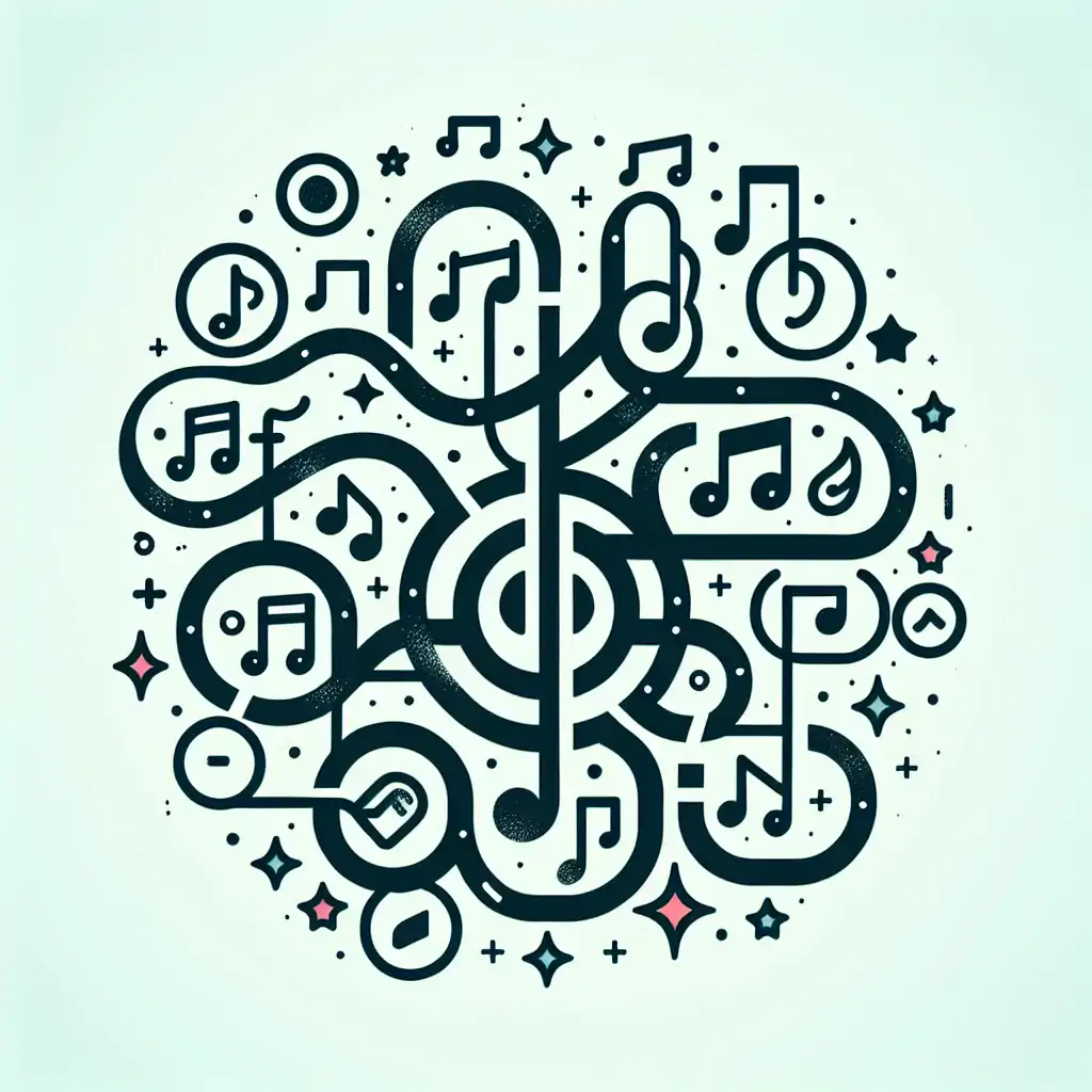 A graphic of musical notes intertwined with brand logos like Intel and McDonald's.